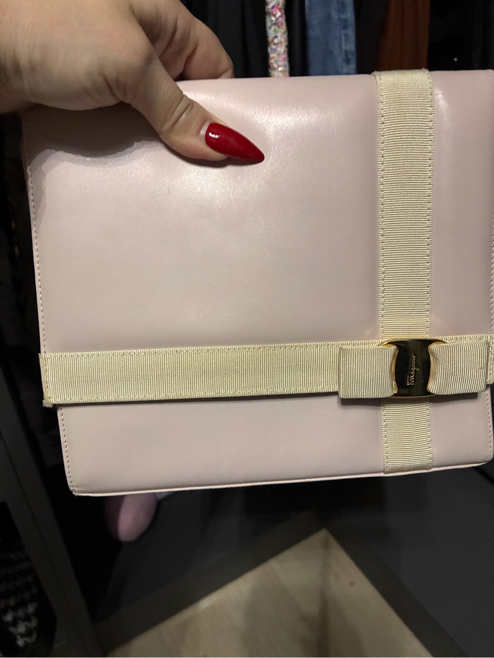 Salvatore Ferragamo Pale Pink Leather Clutch with Cream Vara Bow
